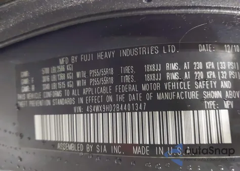 2011 Subaru Tribeca 3.6R Limited z USA, uszkodzony, nr VIN 4S4WX9HD2B4401347